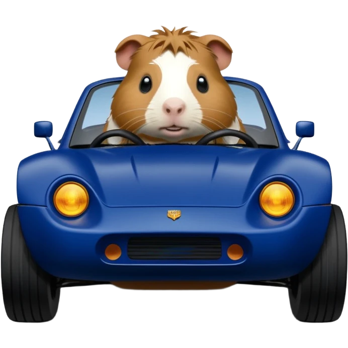 After-race-dirt-covered Midnight blue Local Motors Rally Fighter off road race car being driven by a five foot tall Guinea pig  emoji