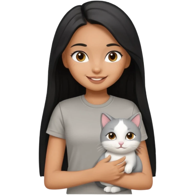 a pretty tan bratz girl with black long straight hair, wearing a grey tshirt smiling and holding a white cat\ emoji