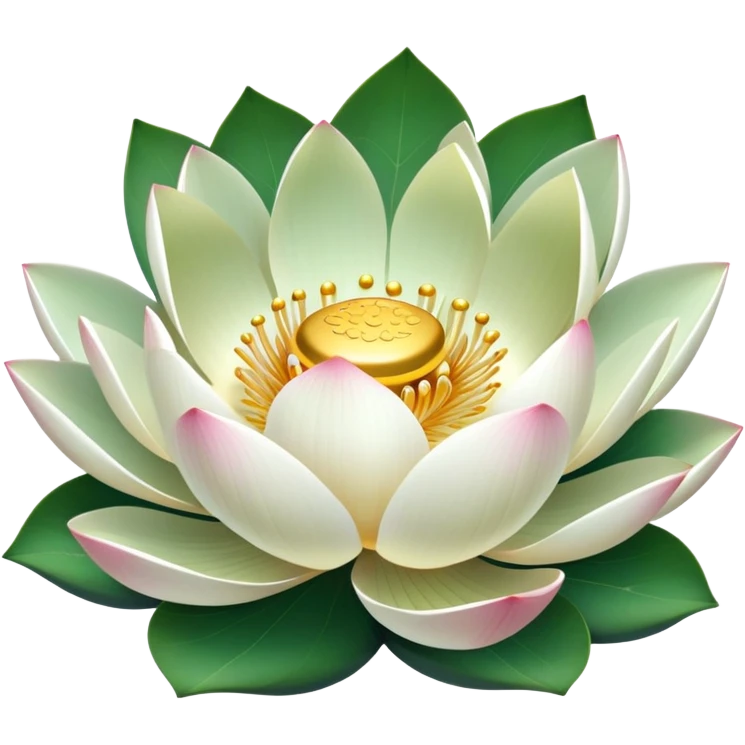 Lotus flower in full bloom with white petals and golden center, round green leaf emoji