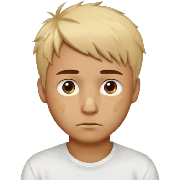 Male with short, messy blonde hair, large expressive golden-brown eyes, brown skin color, scar over nose, wearing a plain white t-shirt. emoji