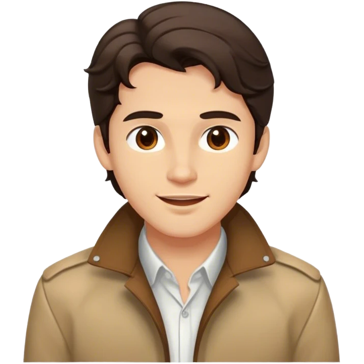 The person(male) has a medium complexion, wavy  dark hair coming on his forehead, well-defined facial features with a strong jawline, full lips, and happy expression. They are wearing a white shirt layered with a brown jacket emoji