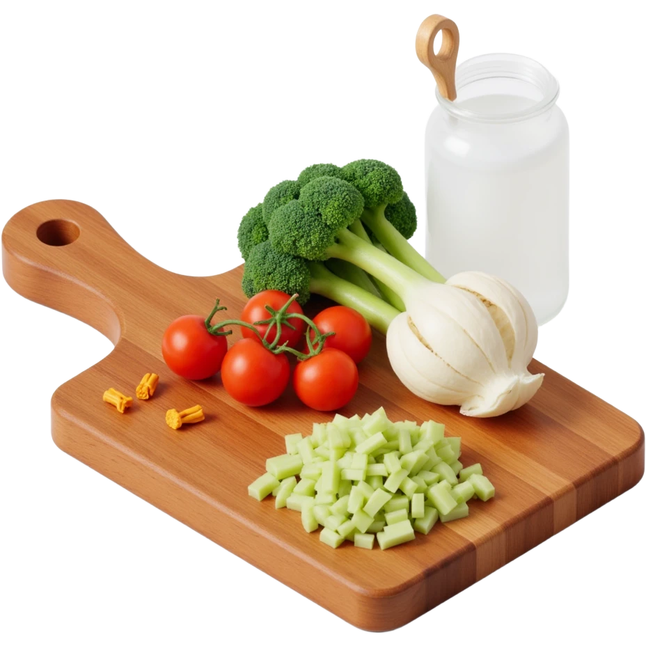 Ingredients on teh wooden cutting board with floating list emoji