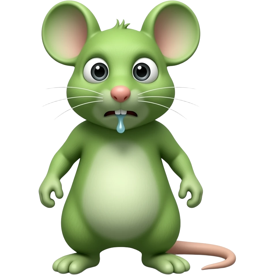A little green mouse standing upright, with arms and legs that look like those of a little person, staring at us with repulsive face on its face. He's going to throw up .The mouse’s body is entirely green. emoji