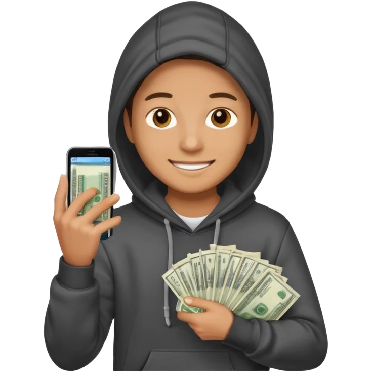 miling young entrepreneur in a hoodie, holding a stack of cash in one hand and a phone in the other, clean emoji style, soft lighting, simple background emoji