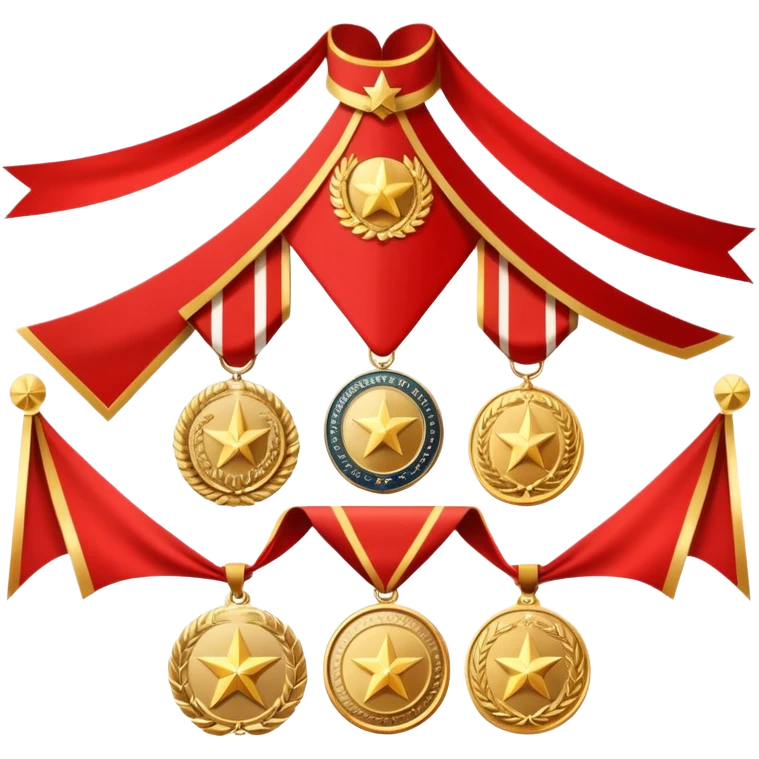Icon for Collecting Orders, Medals & Badges: a variety of vintage orders, medals and badges, displayed neatly on a big red pennant or in a display case. The icon should reflect the honor and historical significance of these collectible items. Transparent background. emoji