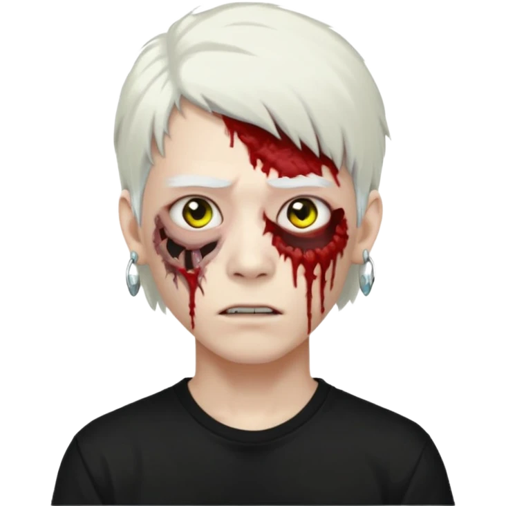 ok make a zombie avatar that has pale skin, young, asian, mullet hair, white hair with earrings wearing just a black T shirt white blood from the eyes emoji