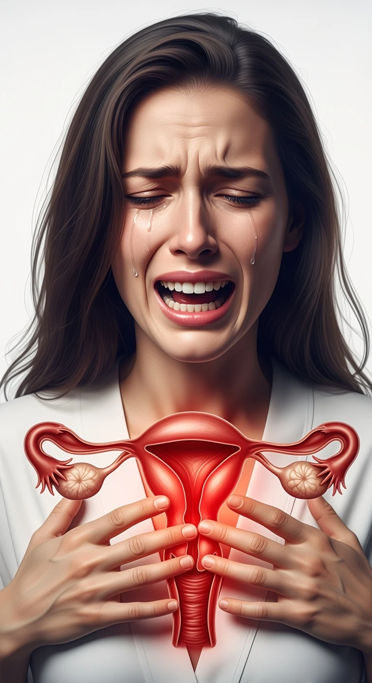 donna con utero umano realistico in evidenza dolorante, espressione di dolore in volto, sfondo bianco, non farla computerizzata, ma iperrealistica 4k emoji