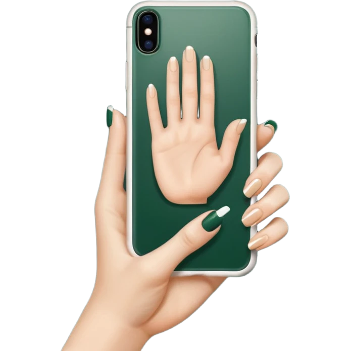 female hand with nude manicure (5 fingers) holding a white iPhone in a dark green case, minimalism, top view, emoji style emoji