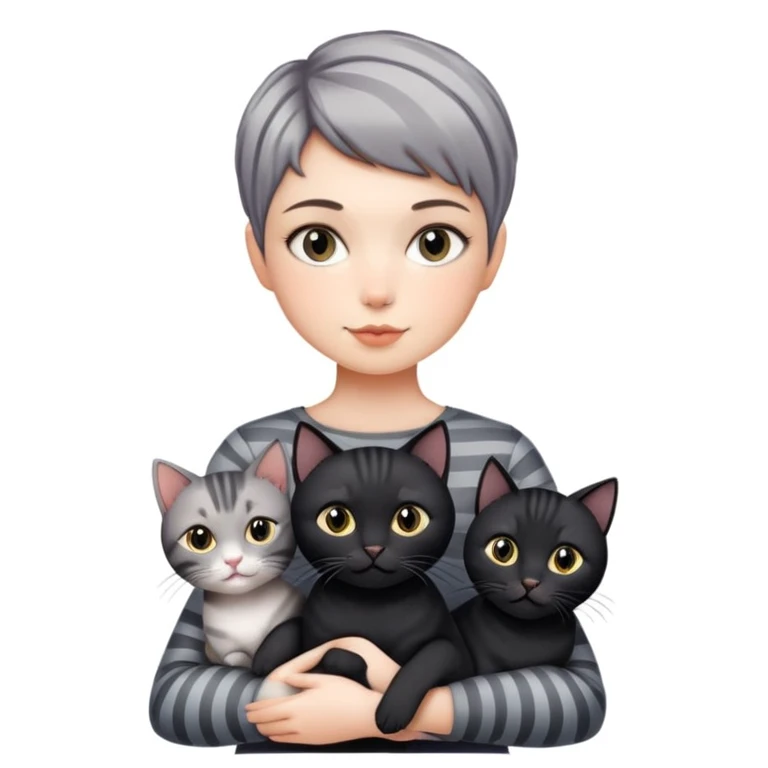 Girl with short pixie cut holding three cats, one black cat, one grey cat, and one grey-striped cat emoji