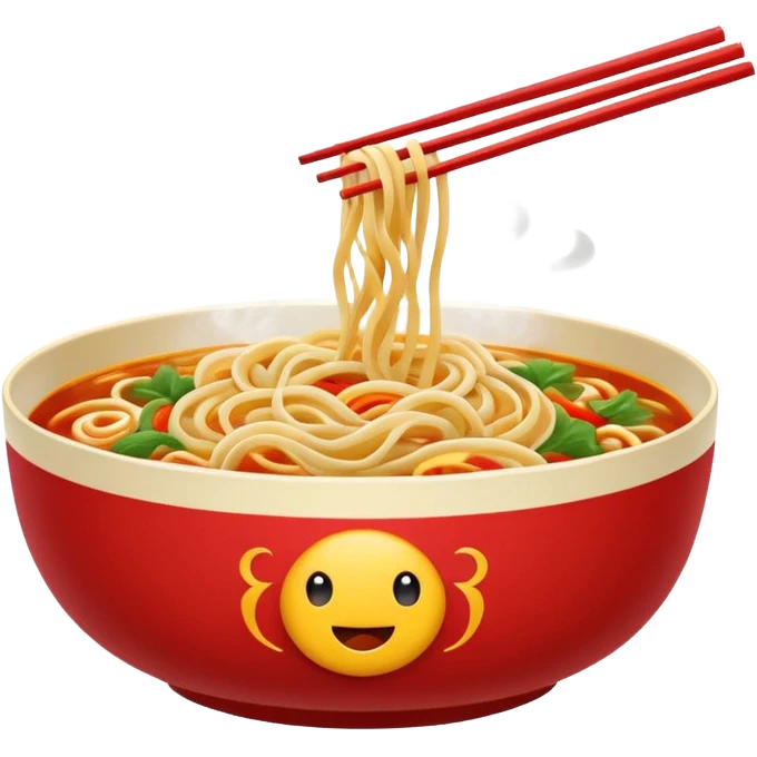 Chinese cuisine humanless avatar in bright emoji-style illustration. Noodles bowl, red and gold colors, simple shapes, flat design, bold and energetic. emoji
