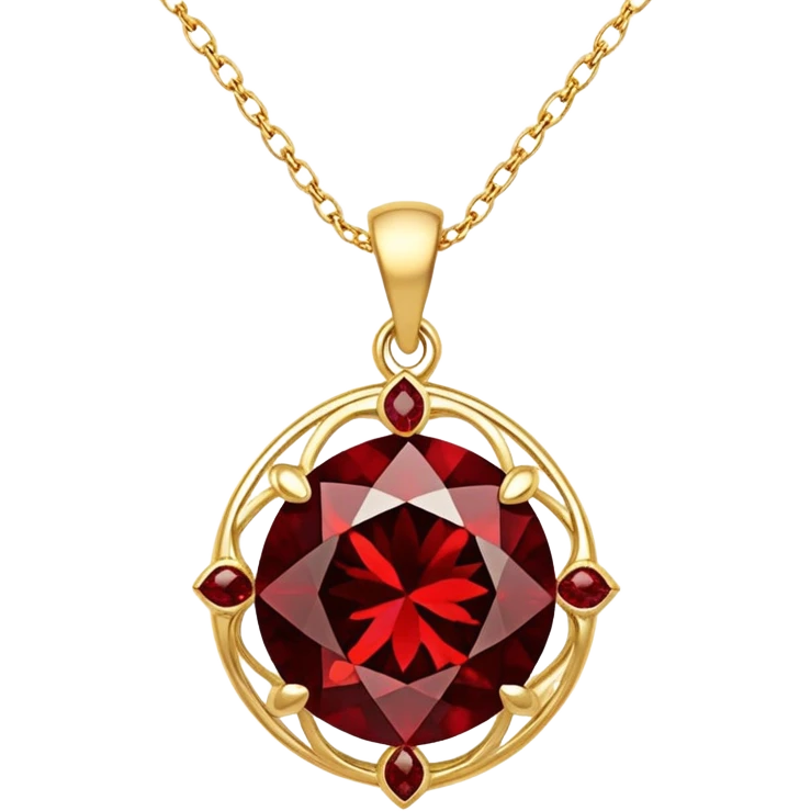 shimmering red garnet pendant with a gold chain, exuding magic and grounding energy emoji