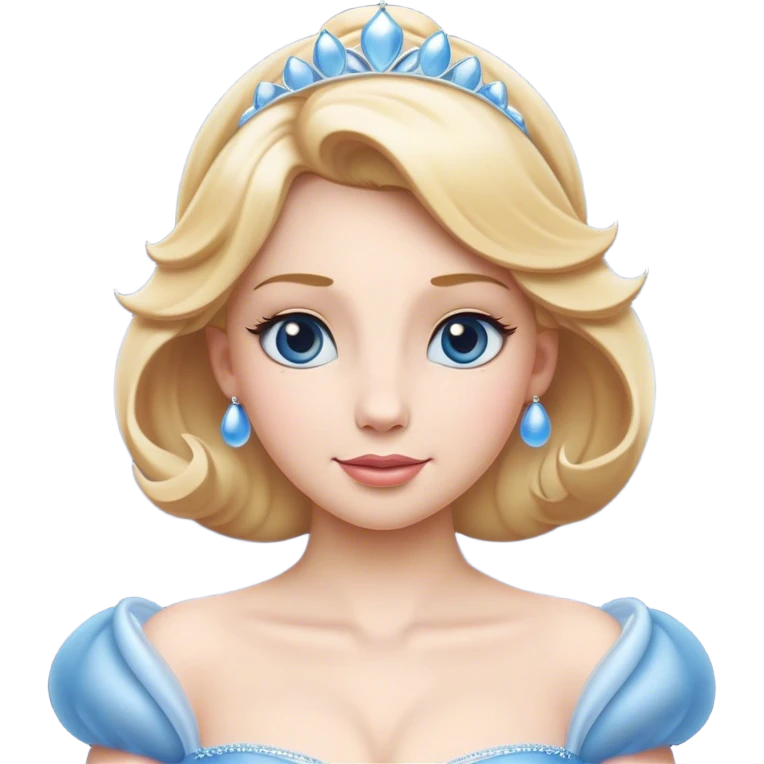 Cinematic Elegant Cinderella Portrait Emoji, rendered in a beautifully detailed, vector-style with minimal shading and bold, simplified shapes. Depict Cinderella in her classic ball gown (chest and above) with fair, porcelain skin and elegantly styled blonde hair, her eyes soft and kind, and her expression serene and graceful. The design glows with a gentle, enchanting radiance and high shine, capturing the timeless beauty of a fairy tale princess. emoji