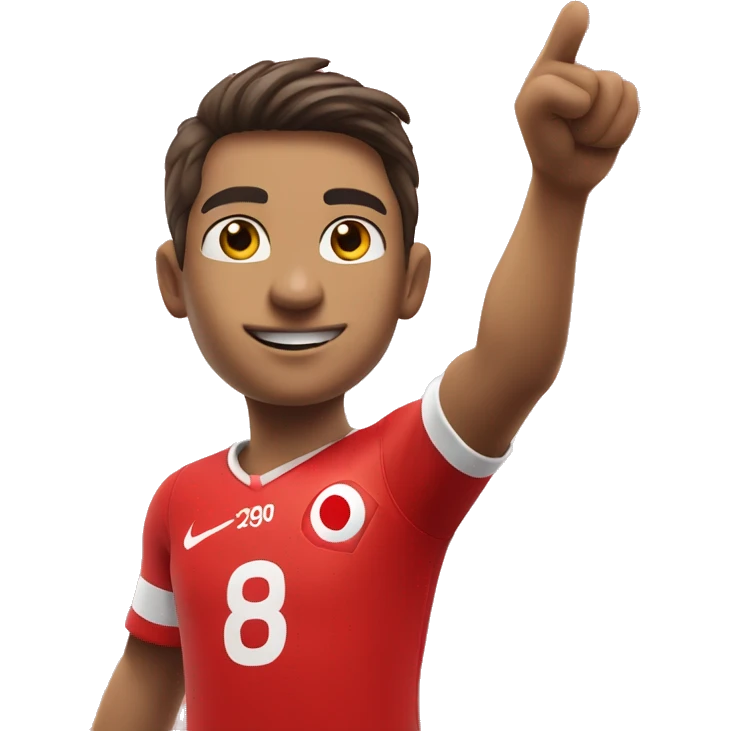 A young Turkish football player holds his jersey emblem with his right hand, points the sky with his left hand emoji