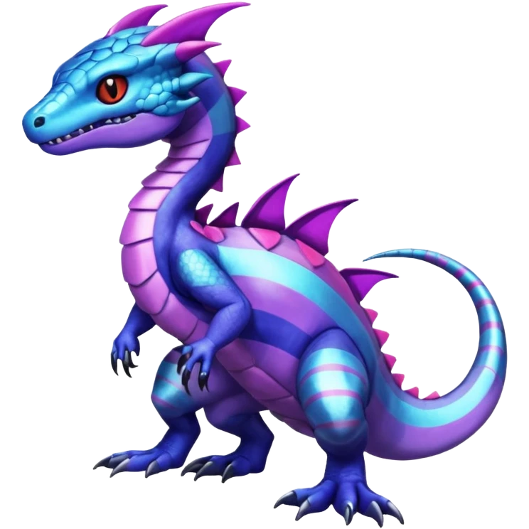 Cute Shiny striped iridescent cyan indigo blue violet Guilmon-Salandit-Fakémon-hybrid-creature (full body)  emoji