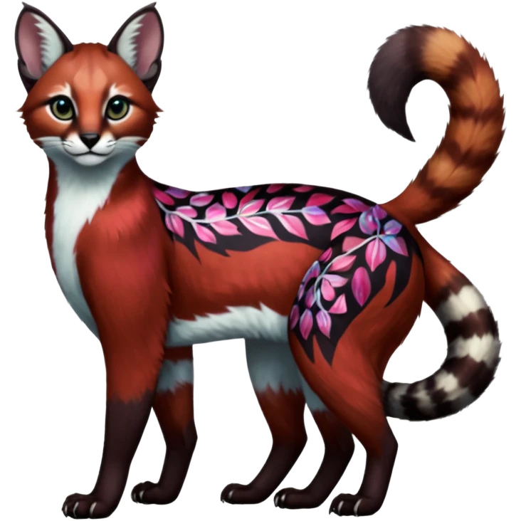 Colorful dark tropical dark-red, black, white iridescent glorious divine exotic cute cool beautiful shiny beautiful floral fantasy-caracal-civet-genet-sergal-vernid-Cacomistle-oncilla-animal-Fakémon-hybrid-fursona with pattern markings (full body) emoji