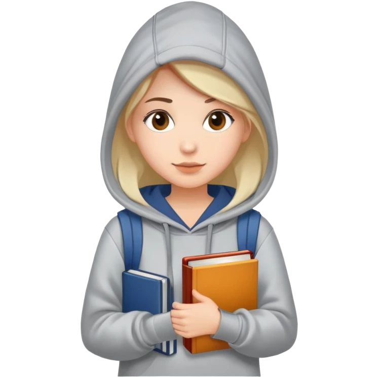 A woman college student with a tote bag over her shoulder and a book in one hand. The student wears a hoodie. emoji