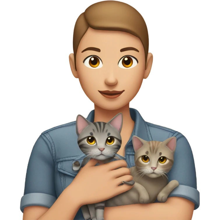 girl with buzzcut with one grey tabby cat and one brown and orange cat emoji