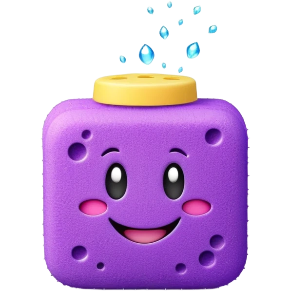 3D emoji of a cute cleaning sponge with smiley face and sparkles, in purple color theme, for cleaning task message emoji