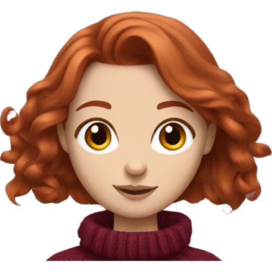 redhead girl with grey eyes with long hair and Dyson styling in a burgundy sweater and a rat on her shoulder emoji