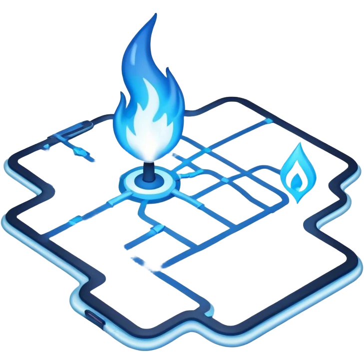 a map with a glowing blue flame on the x and networking paths emoji