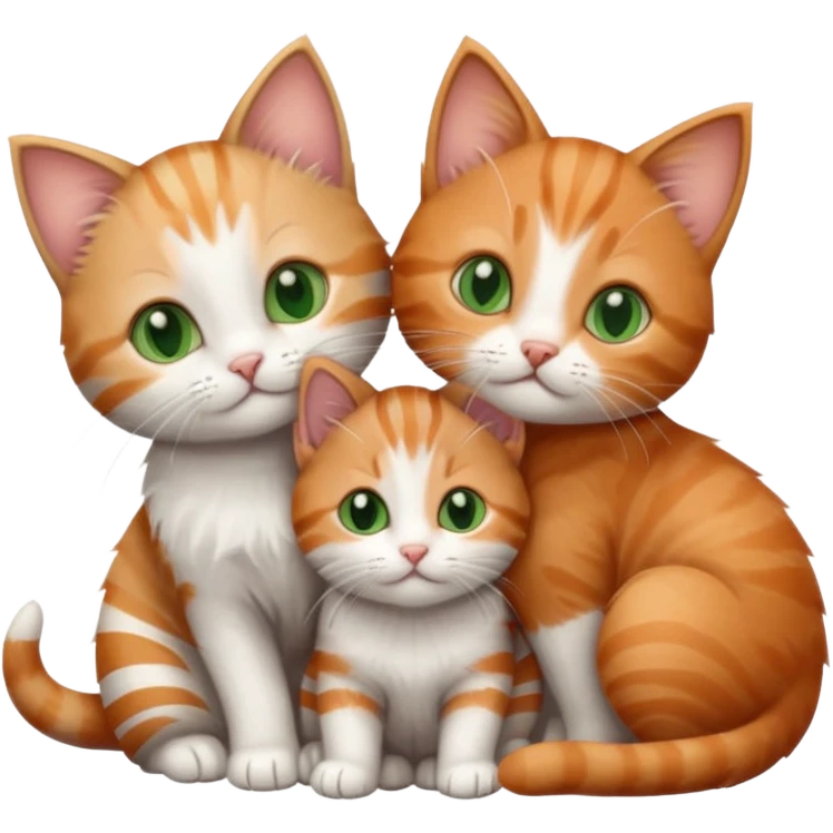 3 tiny kittens cuddling together all different colours, the first one is grey and white, the second is ginger and white and the third is brown tabby and white emoji