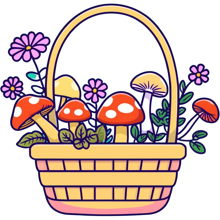 basket full of forest goodies with mushrooms, herbs, flowers in soft pastel colors emoji