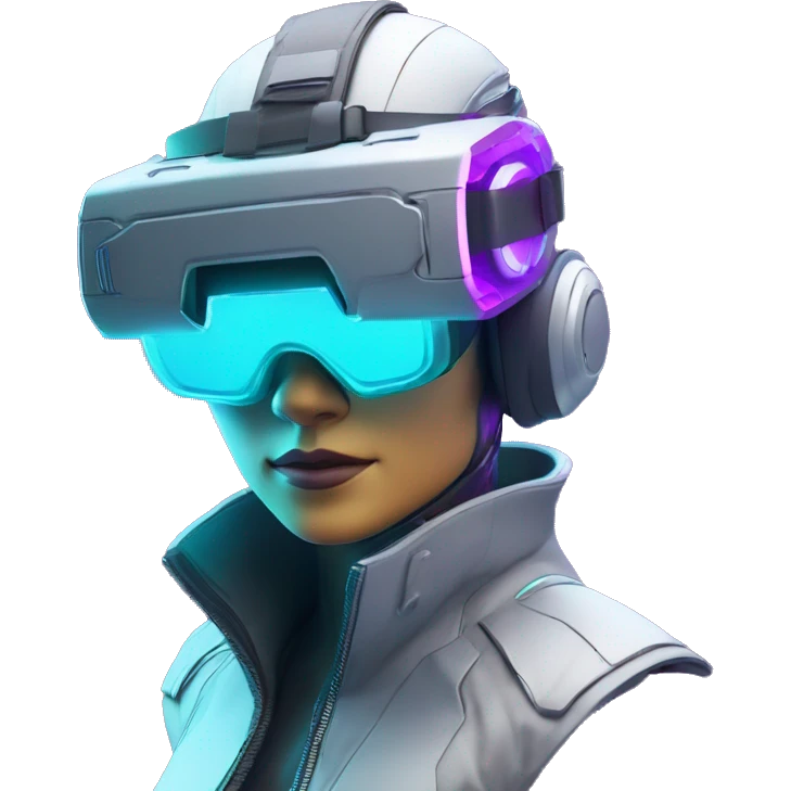Secret human agent in a futuristic hat with in Apple VR goggles headset code display on the goggles , cyberpunk, cyan and purple colors, only upper body portrait, front facing the camera  emoji