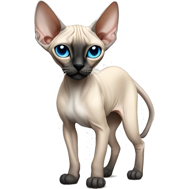 Siamese Sphynx  cat with blue eyes, full thin body stand, black nose ears and tail emoji