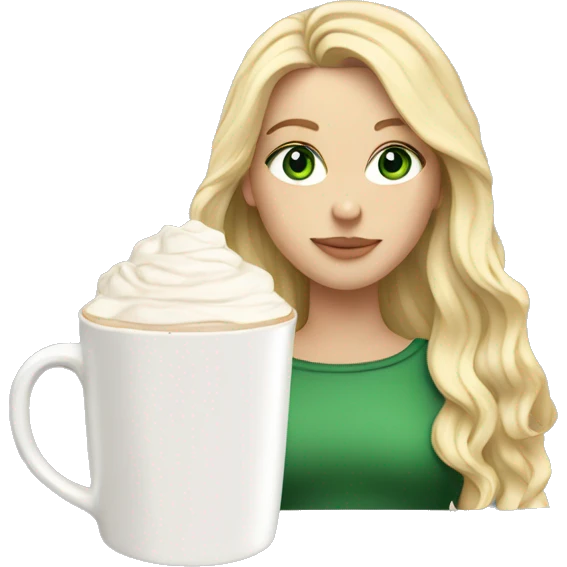 white girl with blonde long hair and a hot chocolate green eyes emoji
