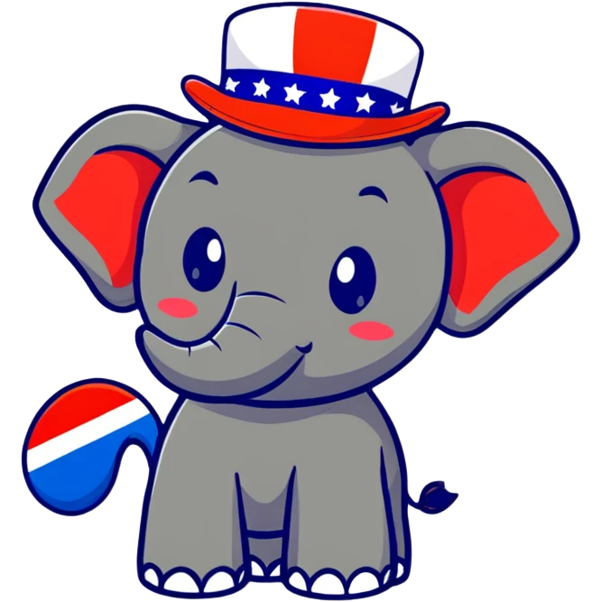 cute red elephant, simple flat design, round shape, patriotic top hat, cartoon sticker style emoji