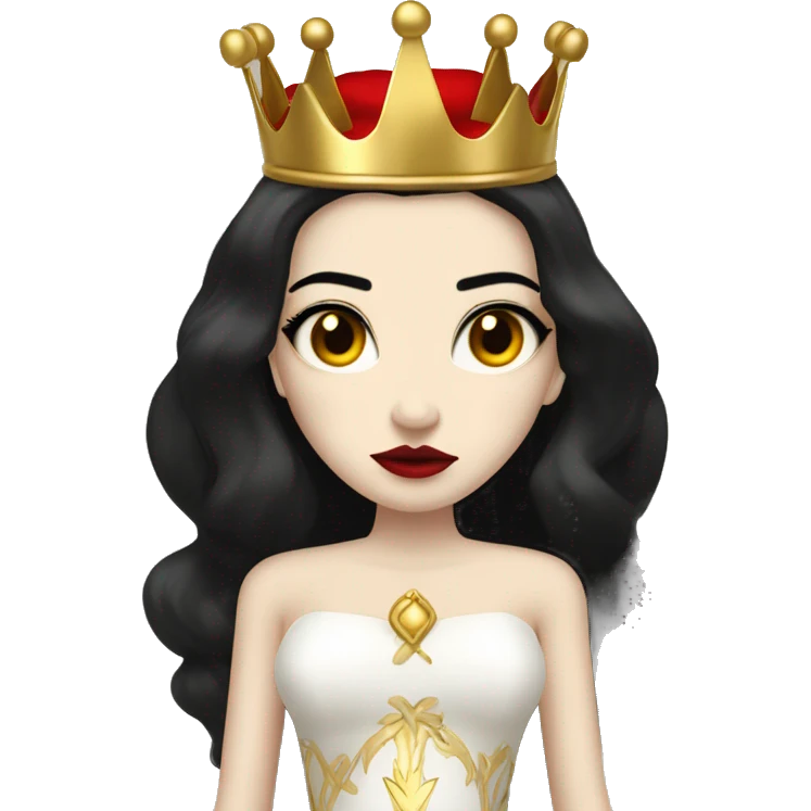 Queen with pale skin, long black hair, bright red lips, skinny gold crown, white dress, and evil stare.  emoji