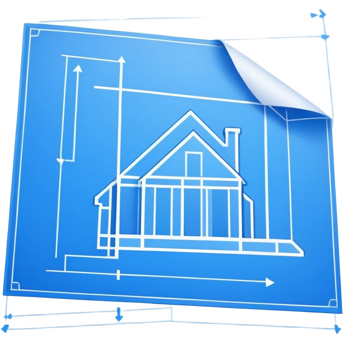 blue blueprint with white architectural lines, a dotted line leading to an X emoji