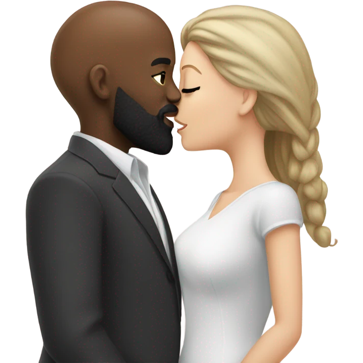 White girl brunette kissing black bald man with beard emoji