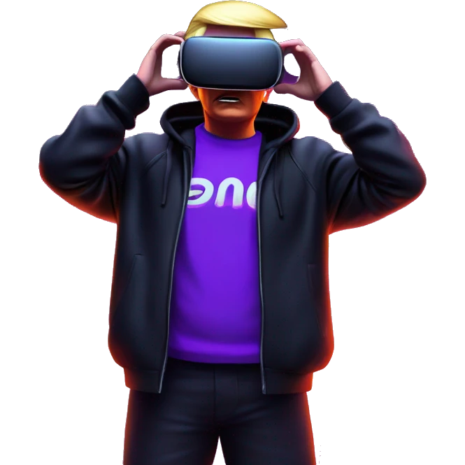 Donald Trump wearing a black hoodie with "OMG" letters on it and VR headset oculus quest 2 in a cyberpunk VR environment with violet neon lighting. emoji