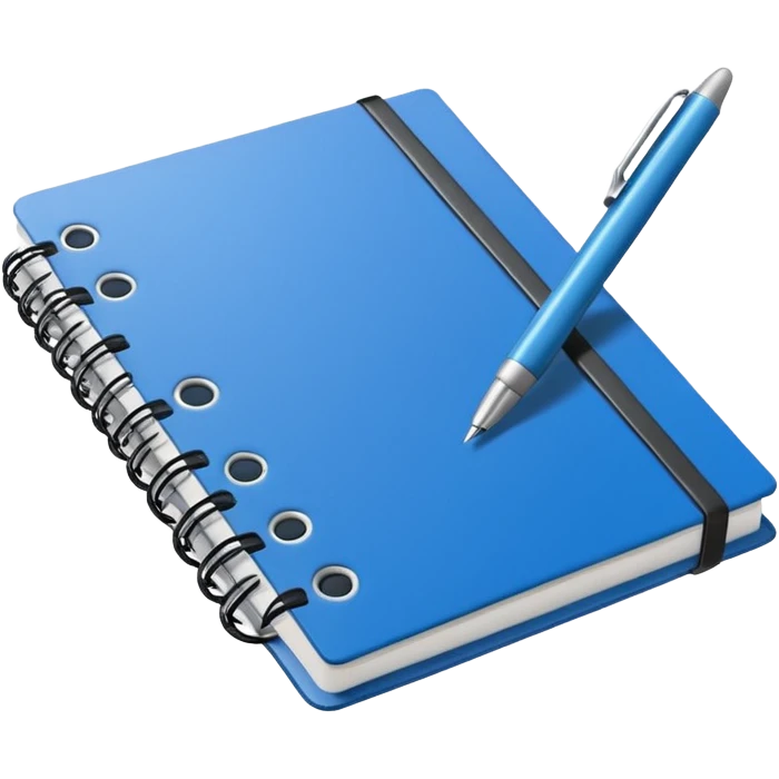 Minimal line-art icon of a notebook with a pen, clean modern style, simple outlines, slightly 3D, no background, transparent, suitable for video overlays, “documenting / journaling / tracking progress” theme. emoji