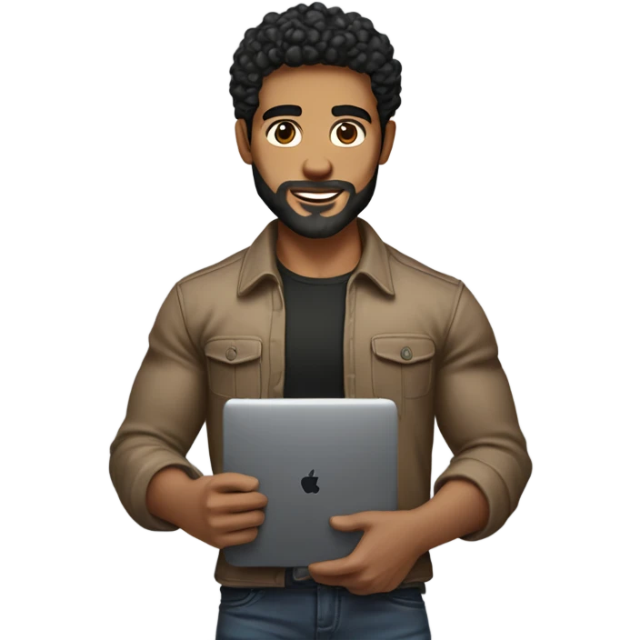 men holding his computer in hands. light brown skin men with curly black hair, dark brown eyes, little grown beard. ust a tiny bit muscular. dressed casual. round face. emoji
