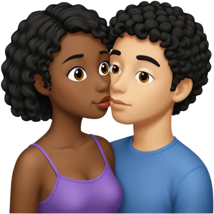 À string man with short straight black hair kissing a shorter girl with long black curly hair emoji