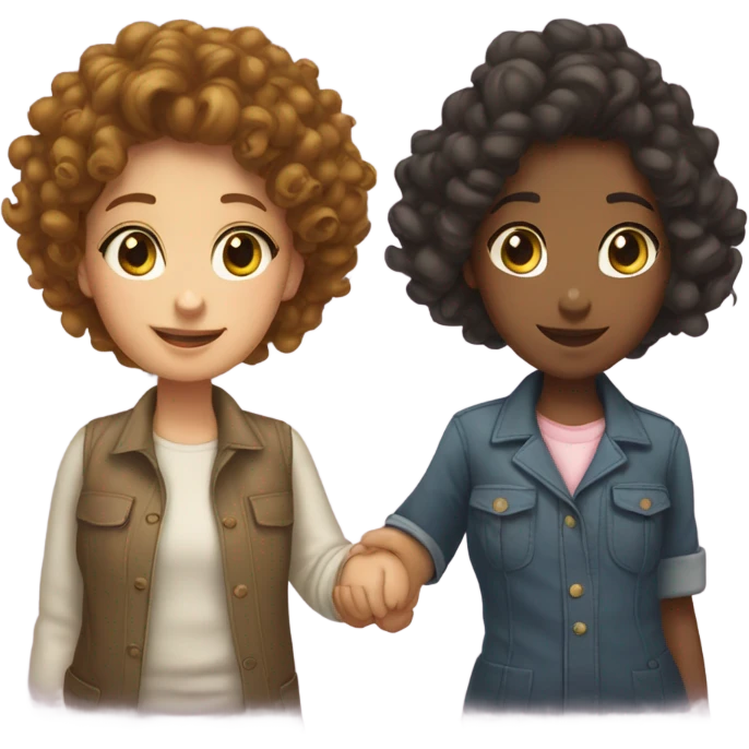 Two girls standing up holding hands one masculine with a curly bun and one feminine with curly hair emoji