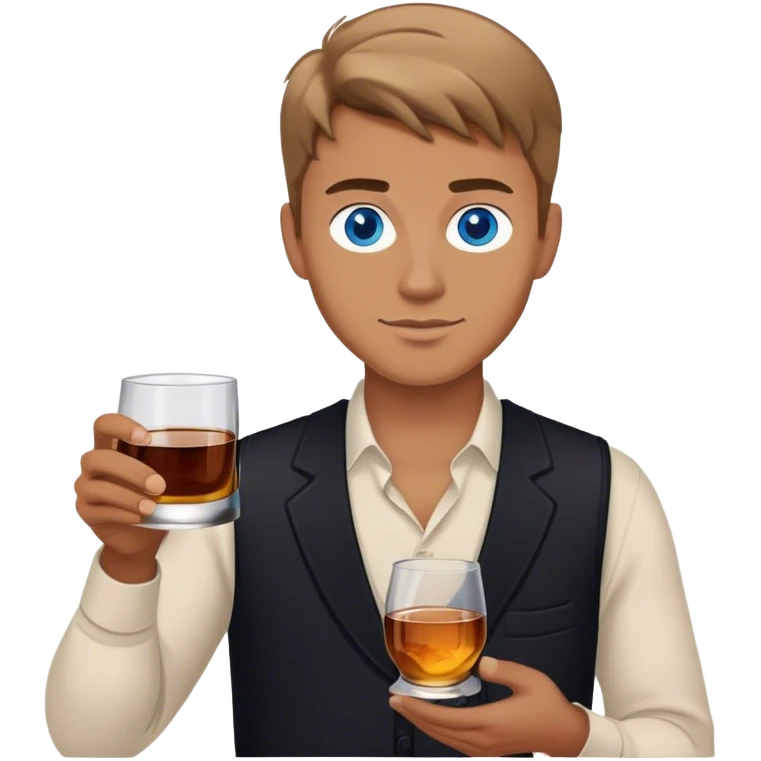white guy light brown hair blue eyes wearing black holding whiskey emoji
