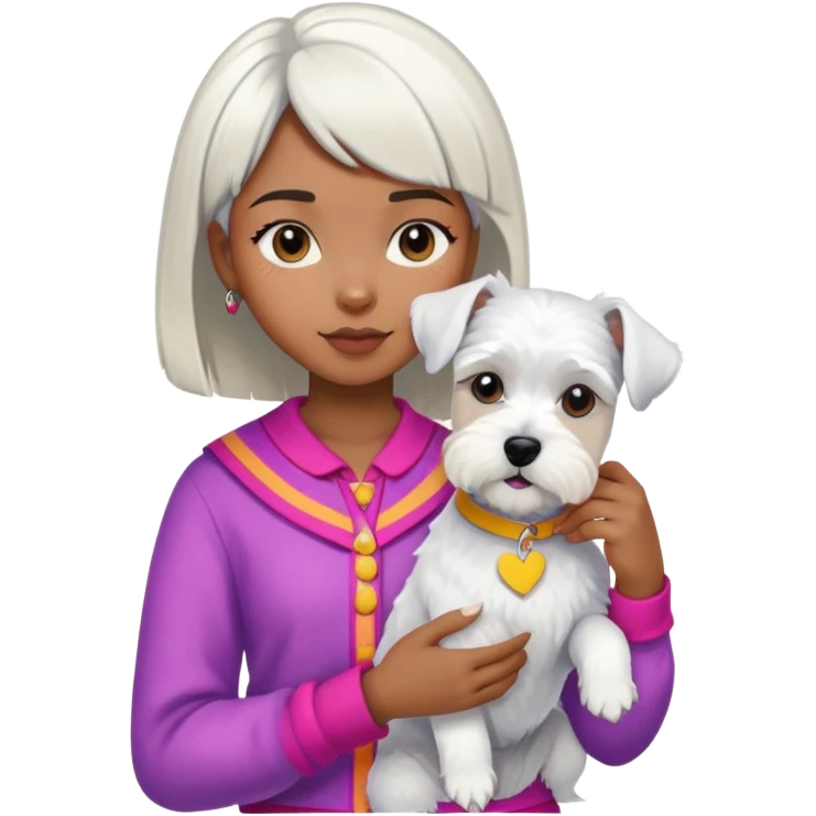 Black girl with short bangs holding a white schnauzer dog, colorful clothes emoji