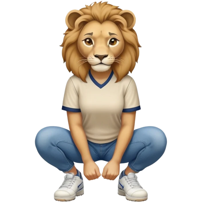 confident anthropomorphised female lion wearing a baseball shirt, jeans, trainers, squatting, empty hands emoji