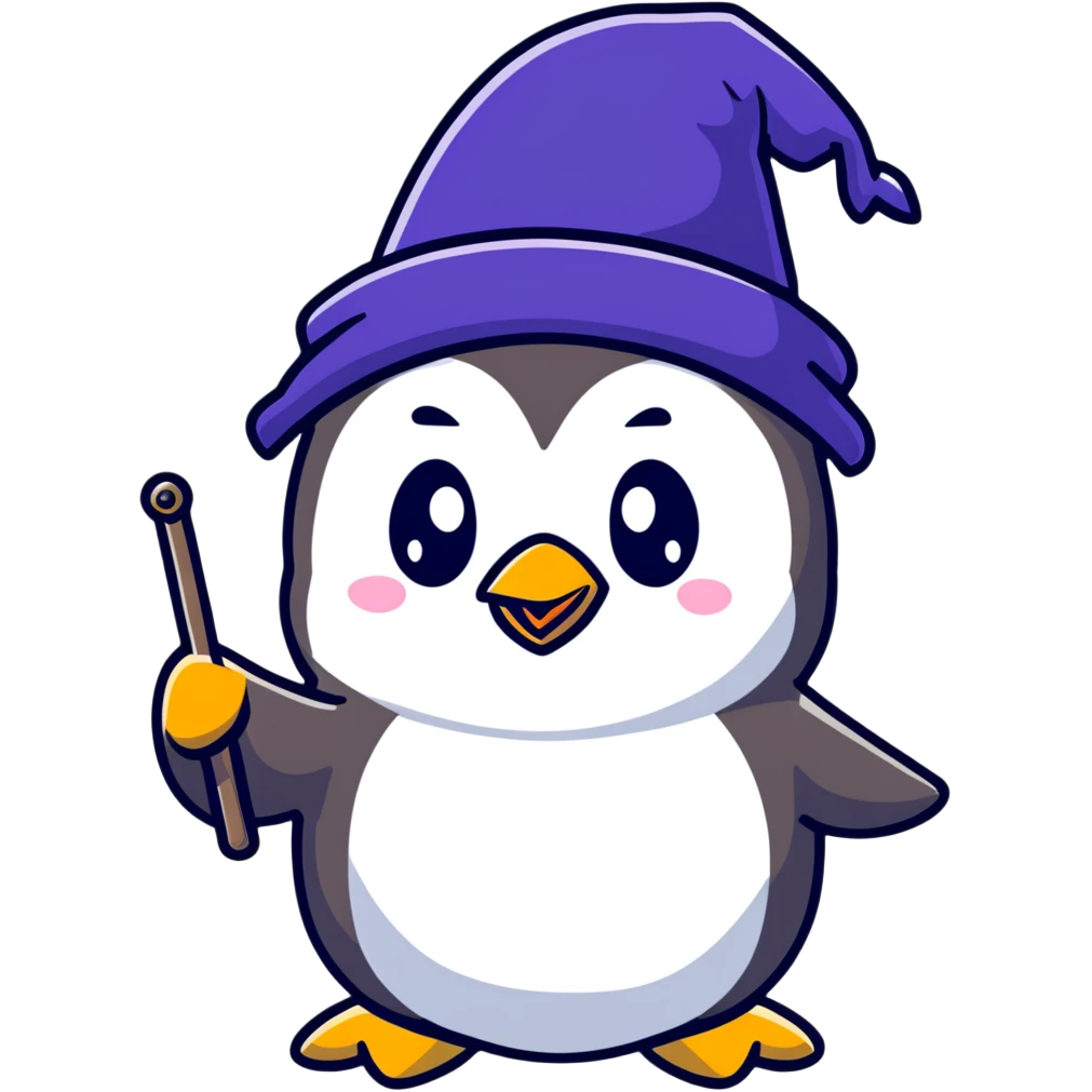 cute penguin wizard casting spell with wand emoji