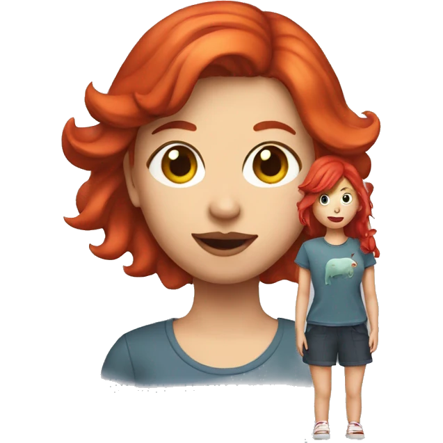 A funny girl with a tuna t shirt and red hair and shoes emoji
