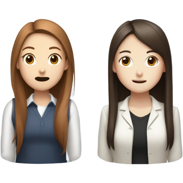 One white girl with straight reddish brown hair gossiping with a korean girl with long straight girl and a rat and mustache emoji