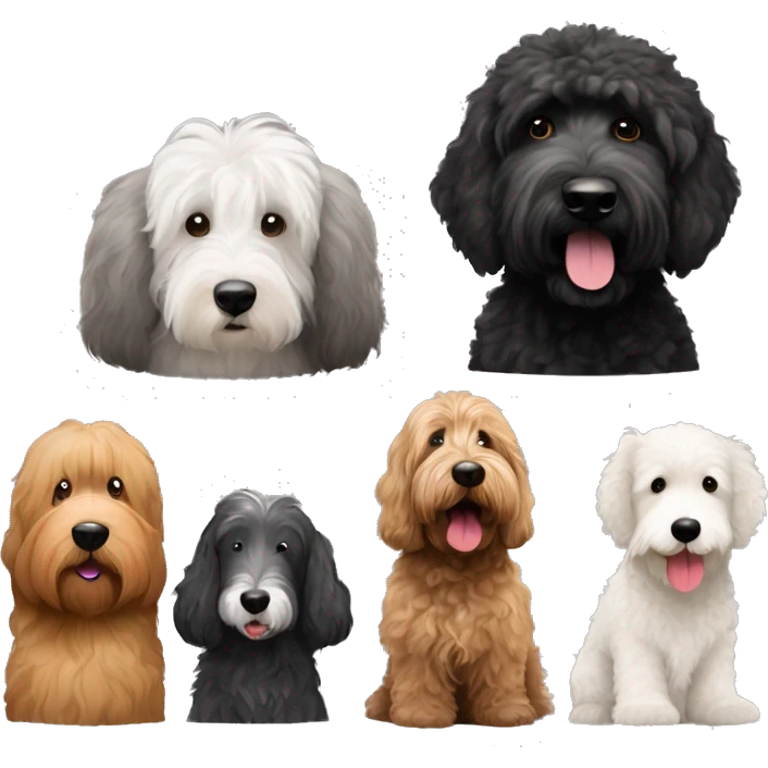 Black goldendoodle, brown golden doodle, old English sheepdog, and a black goldendoodle  emoji