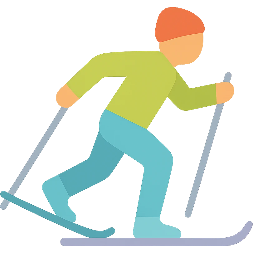 cross-country skier in motion, flat design, minimal details, color filled icon emoji