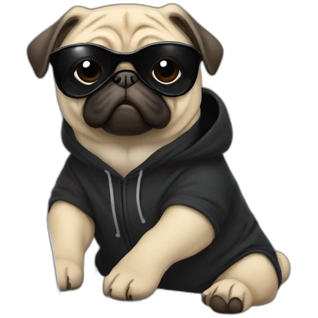 Pug wearing a black hoodie and sunglasses and using a laptop emoji