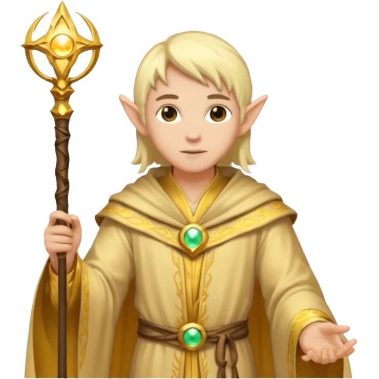 {
      "type": "human",
      "look": "light elf healer, golden robe, staff",
      "description": "a light elf healer wearing a golden robe and holding a staff"
    } emoji