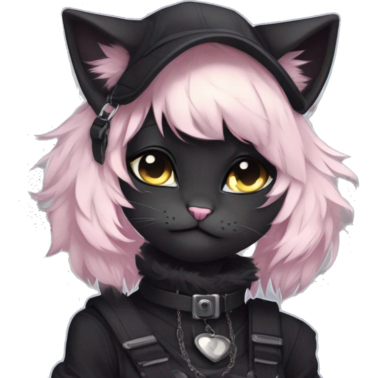 Gorgeous furry dark techwear anime style anthro black cat fursona with blushing face aesthetic and pretty edgy black with collar and harness trending style emoji