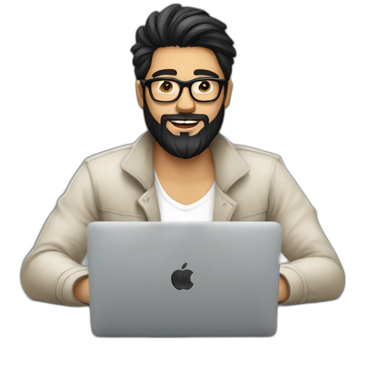 Designer with black hair, beard and glasses working with MacBook and drinking cappuccino  emoji